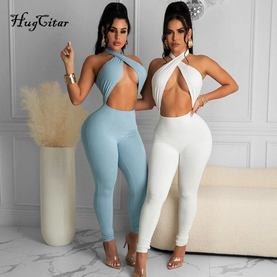 Hugcitar 2021 Sleeveless Solid Halter Bandage Hollow Out Sexy Jumpsuit Summer Women Fashion Streetwear Outfits Club Romper