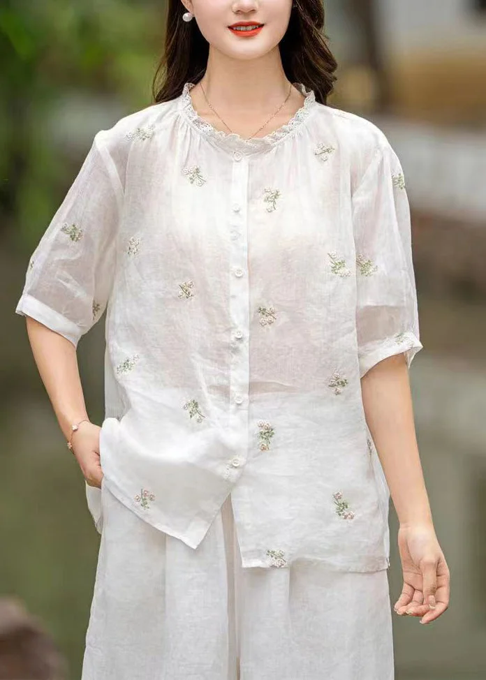 White Patchwork Linen Blouses Embroideried Button Summer