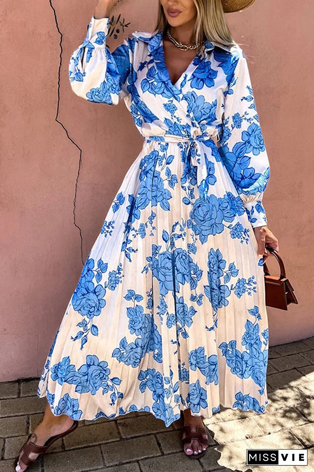 Floral Belted Long Sleeve Maxi Dress