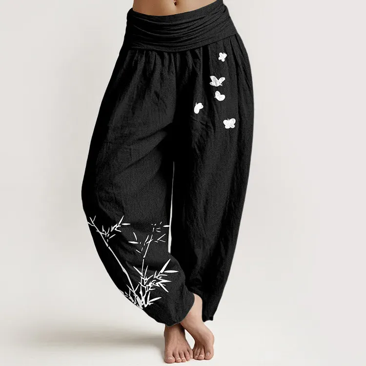 Cotton Concise Bamboo Butterfly Pattern Women's Elastic Waist Harem Pants