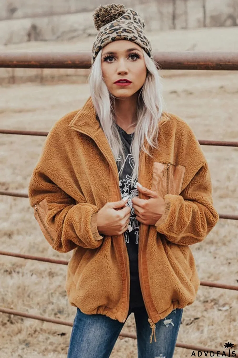 Zip Up Sherpa Coat With Pocket