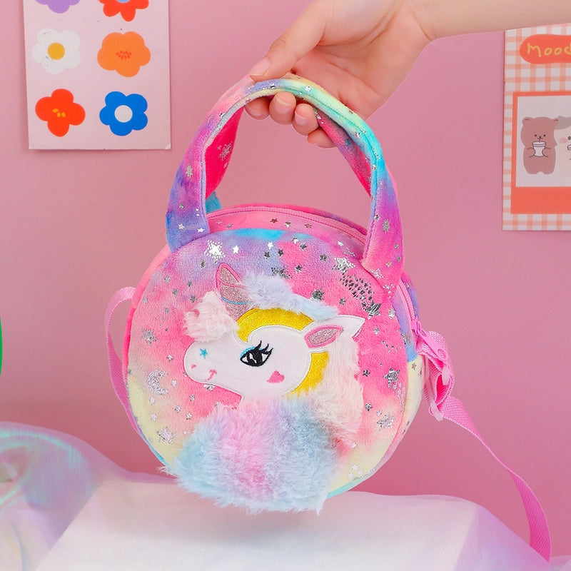 Girl's Medium Plush Cartoon Cute Sequins Embroidery Round Heart Shape Square Zipper Handbag Crossbody Bag