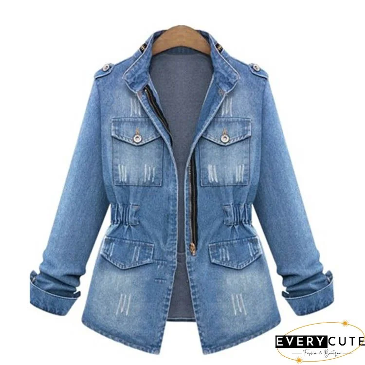 Plus Size Blue Oversized Pockets Denim Coat Fall