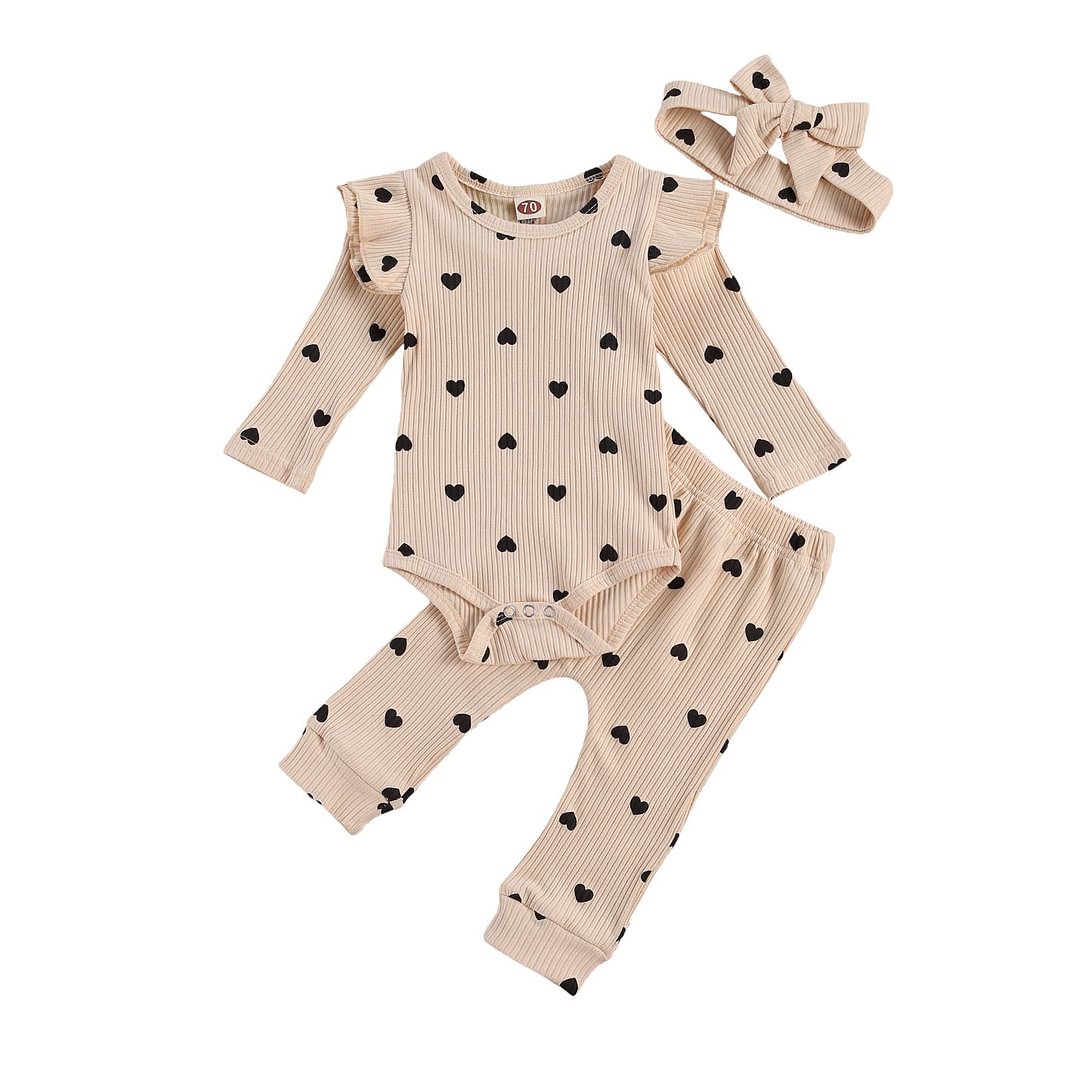 New Born Baby Ribbed Clohtes Suit Girl Boy Heart Print Crew Neck Lace Long Sleeve Top, Long Pants and Hairband 3-piece Suits