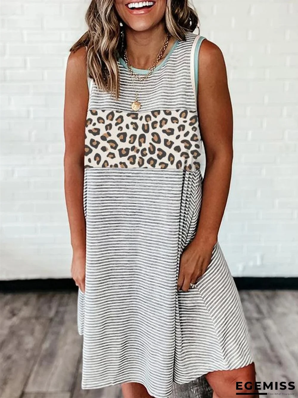 Leopard Print Stitching Striped Vest Ladies Dress | EGEMISS