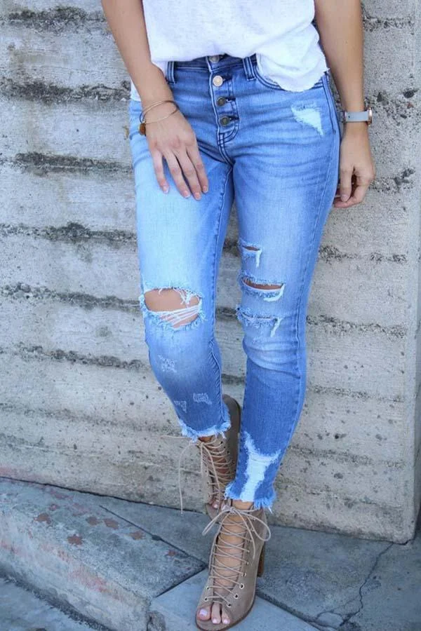 Womens Washed Holes High-waist Skinny Jeans-Allyzone-Allyzone