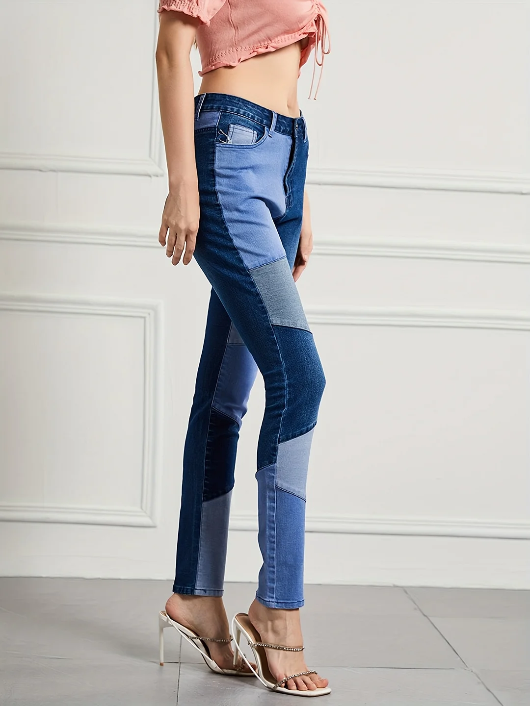 Women's High-Waisted Stretchy Skinny Jeans - Non-See-Through Denim With Button Closure, Slim Fit Casual Pants With Unique Color Blocks, Streetwear Fashion For Everyday & Formal Outfits, High Waisted Jeans, Versatile Clothing, Allseason Jeans | IFYHOME