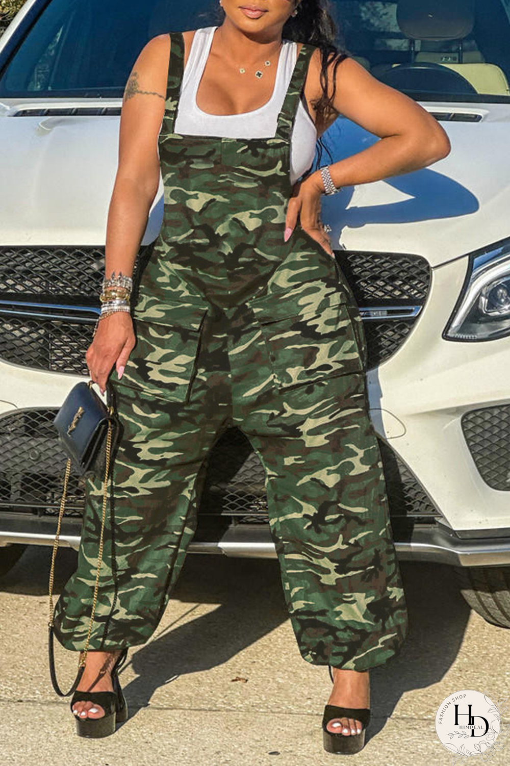 Army Green Street Camouflage Print Patchwork Spaghetti Strap Harlan Jumpsuits