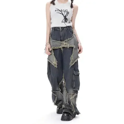 Nncharge American Style Retro High Street Jeans Women Summer Loose Wide Leg Pants Trendy Punk Casual Baggy Star Tassel Trousers Y2K
