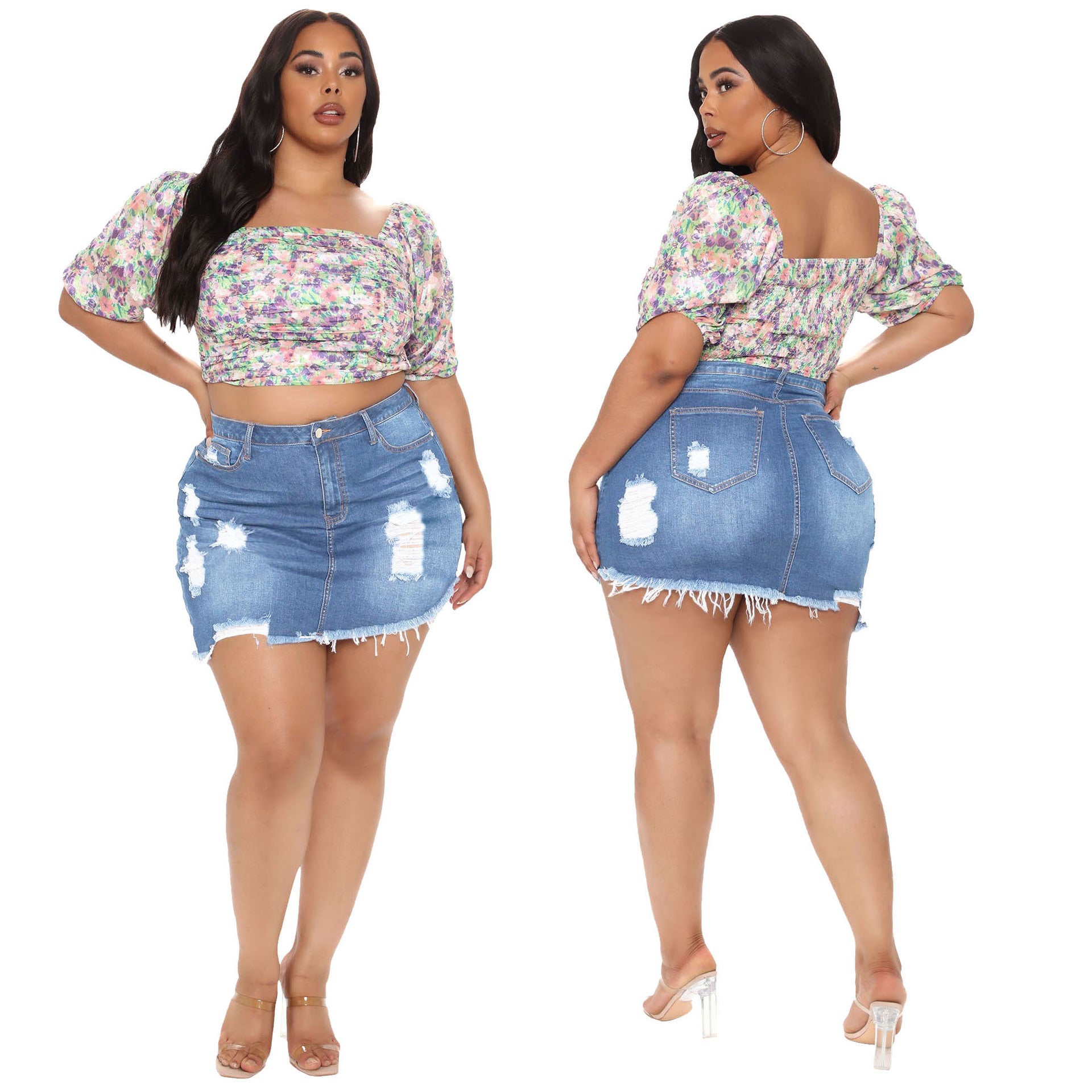 Plus Size Sexy Hand Frayed Raw Hem High Waist Irregular Asymmetric Denim Short Skirt