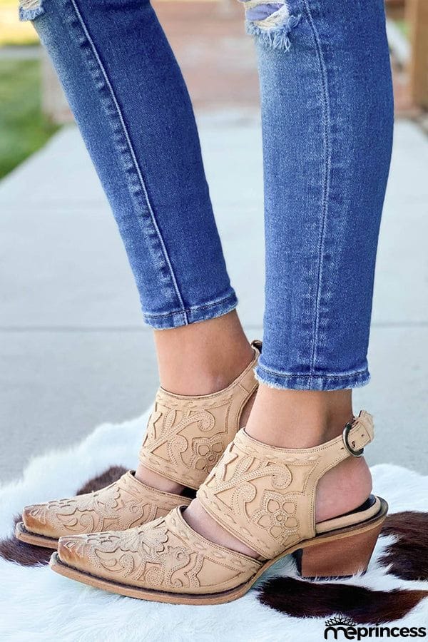 Etching Cut Out Chunky Heels Ankle Mule Boots