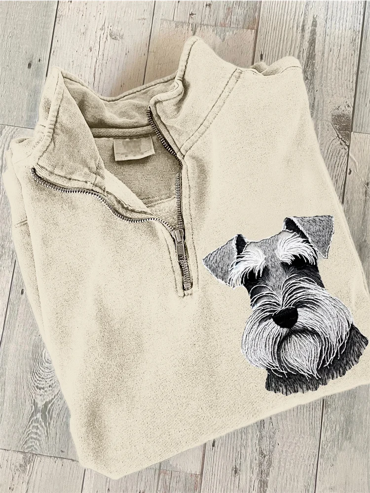 Schnauzer Embroidered Vintage Zip Up Comfy Sweatshirt