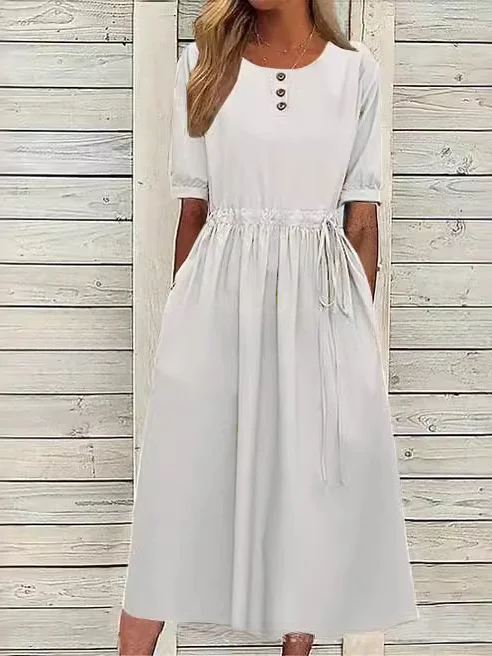 Women's mid-sleeve pure cotton and linen solid color strappy dress socialshop