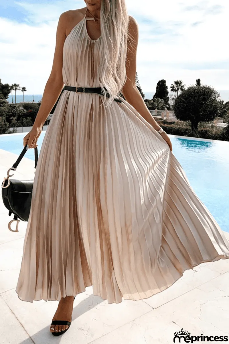 Pleated Halter Neck Backless Maxi Dress