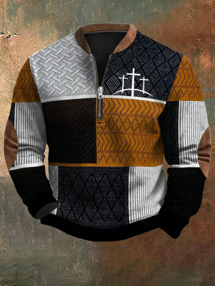 Comstylish Men's Retro Western Textured Faith Cross Print Zipper Neck Sweatshirt