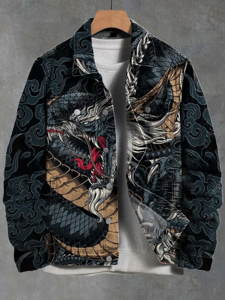 Men's Vintage Japanese Art Dragon Print Coat