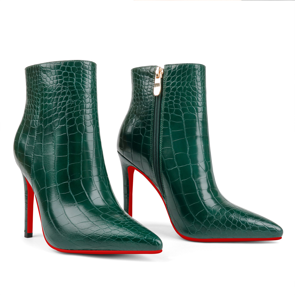 90mm Women's Ankle Boots Closed Pointed Toe Red Bottom Stilettos Croc/Suede Booties-vocosishoes