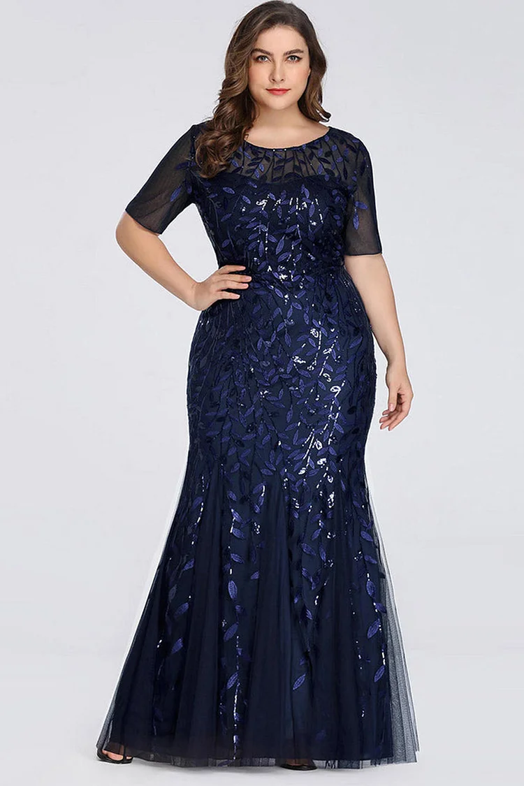 Plus Size Prom Navy Blue Leaf Sequin Tulle Fishtail Bodycon Maxi Dress  Flycurvy [product_label]