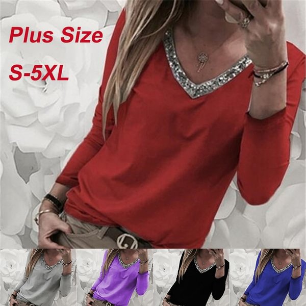 Women's Fashion Spring Casual Clothing V-neck Sequins Blouse Long Sleeved Shirts Plus Size Tops S-5XL - Shop Trendy Women's Clothing | LoverChic