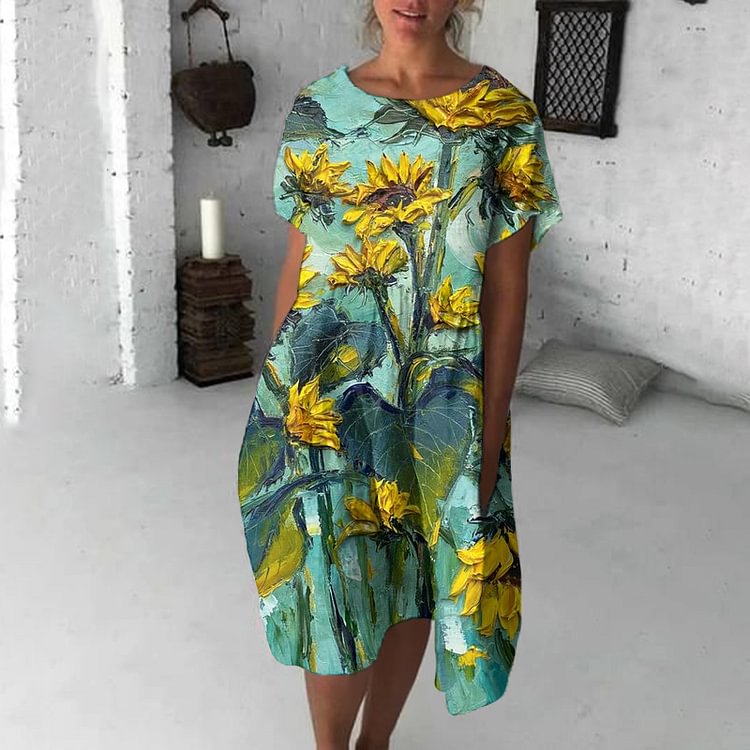 Öl Malerei Sonnenblumen Midi Kleid