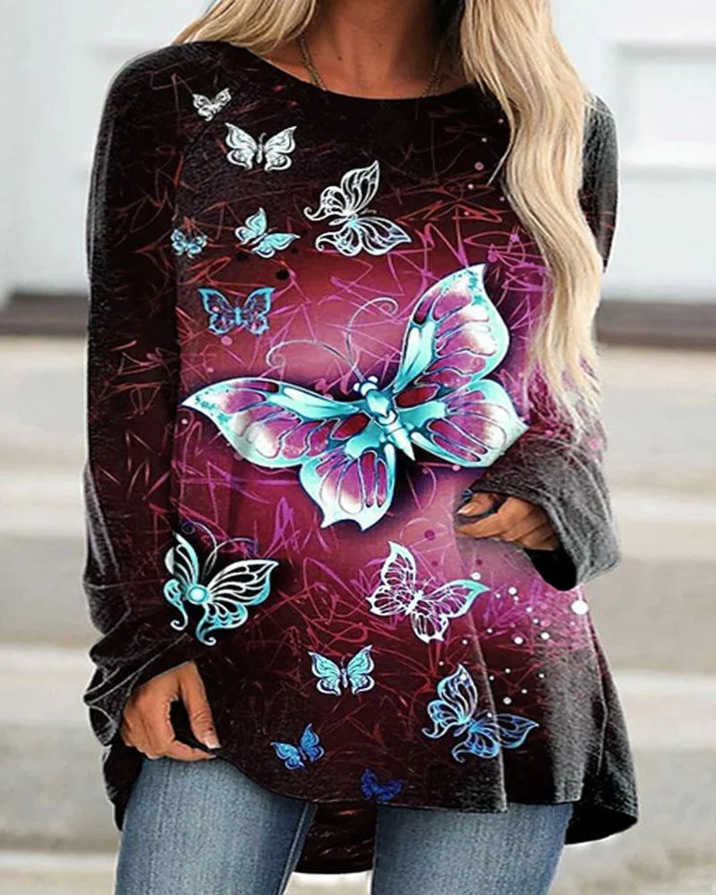Women's Butterfly Print Round Neck Long Sleeve Plus Size Top