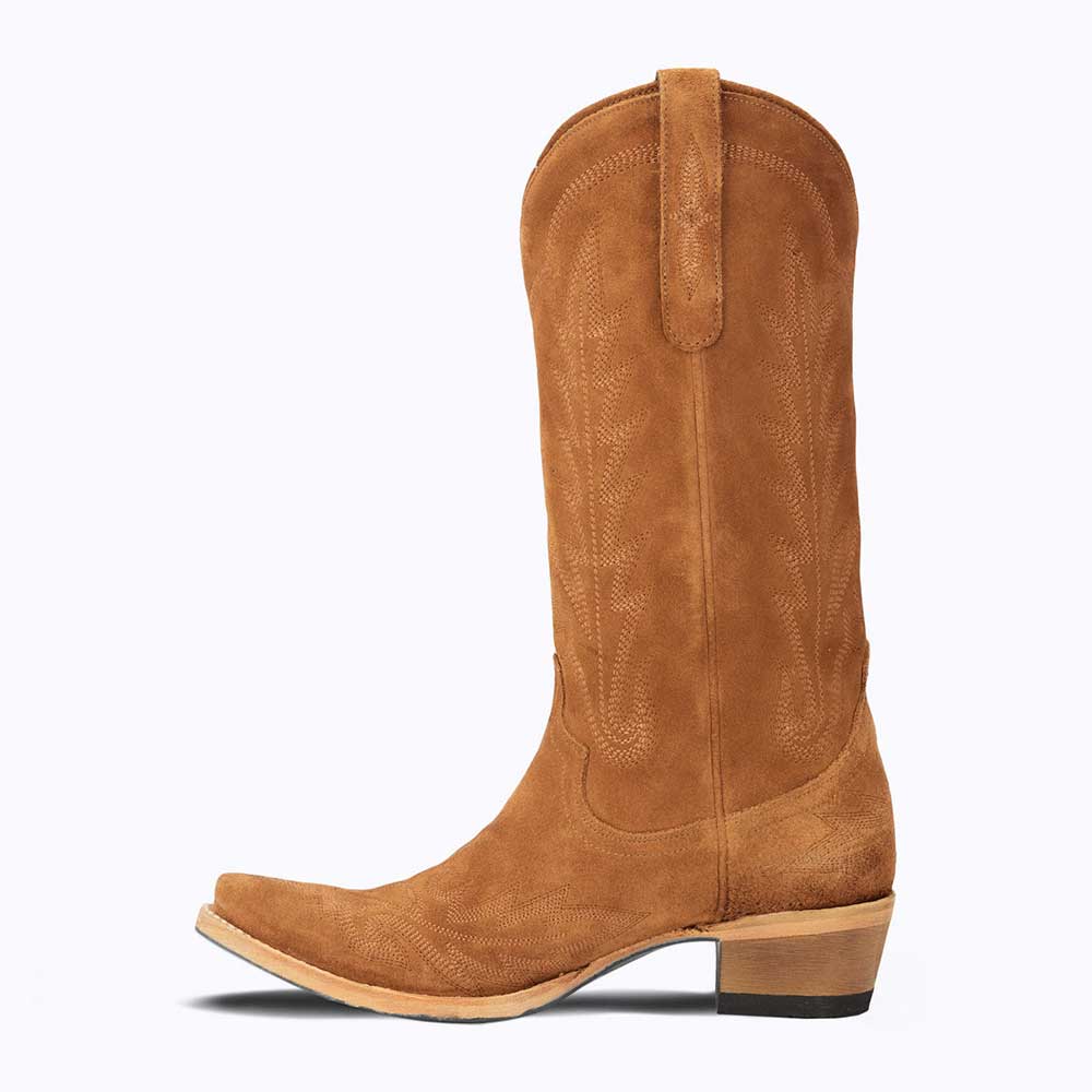 Vegan Suede Snip Toe Embroidered Mid-Calf Cowgirl Boots in Brown