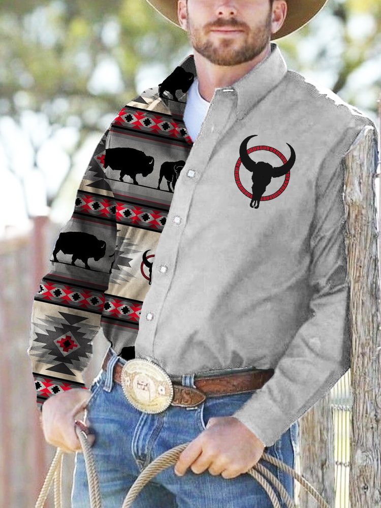 Western Bull Skull Print Long Sleeve Casual Shirt