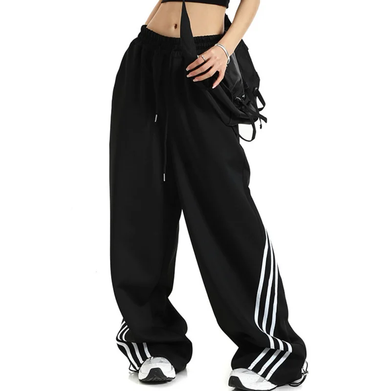 Zingj Zingj Striped Black Wide-Leg Sweatpants Female Spring Retro Casual Loose Feeling Drag The Floor Pants Tide