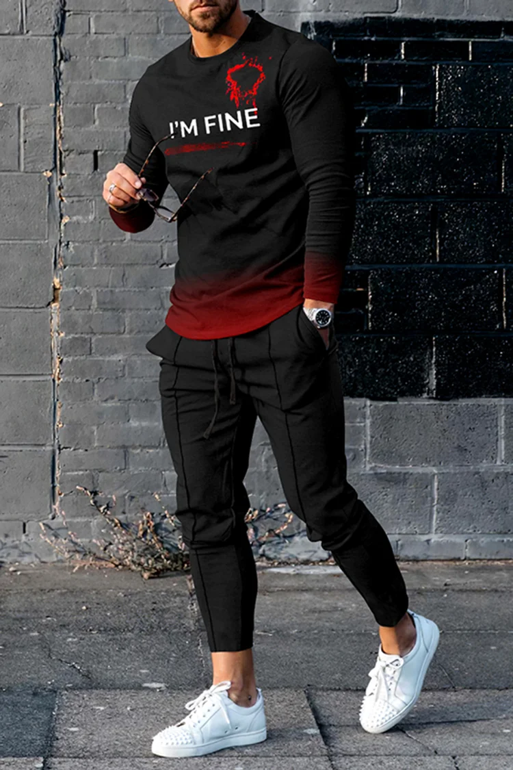 Tiboyz Black Red Letters T-Shirt And Pants Two Piece Set