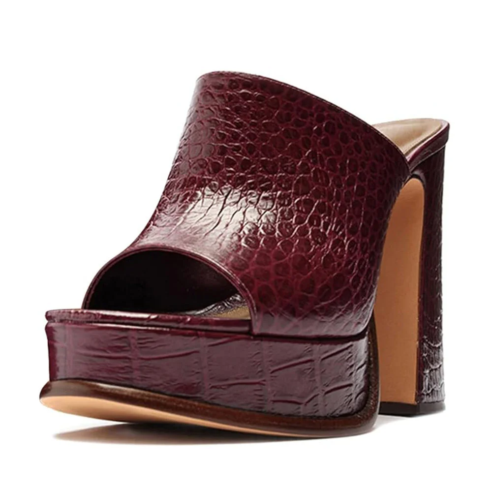 Maroon Open Toe Crocodile Embossed Chunky Heel Platform Slide Sandals