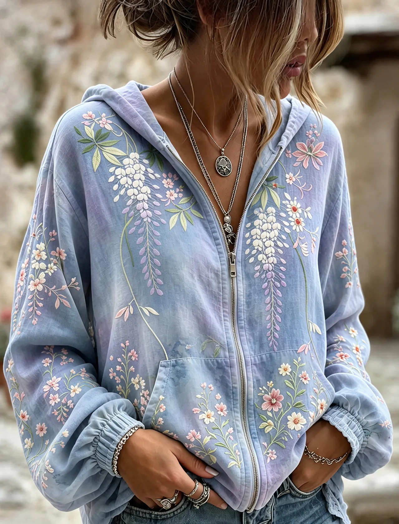 Comstylish Women's Autumn And Winter Floral Art Flowy Linen Blend Hooded Zipper Tops