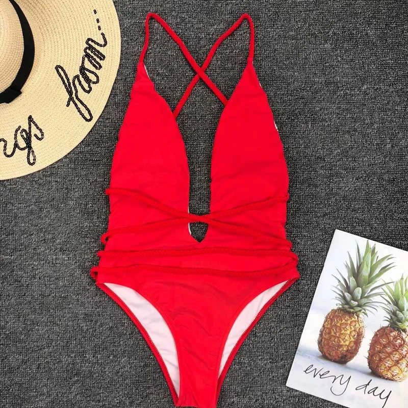 Halter Neon Deep V Swimsuit Women Monokini String Bathing suit Sexy Push Up Swimwear one piece Bodysuits High cut Bikini Women