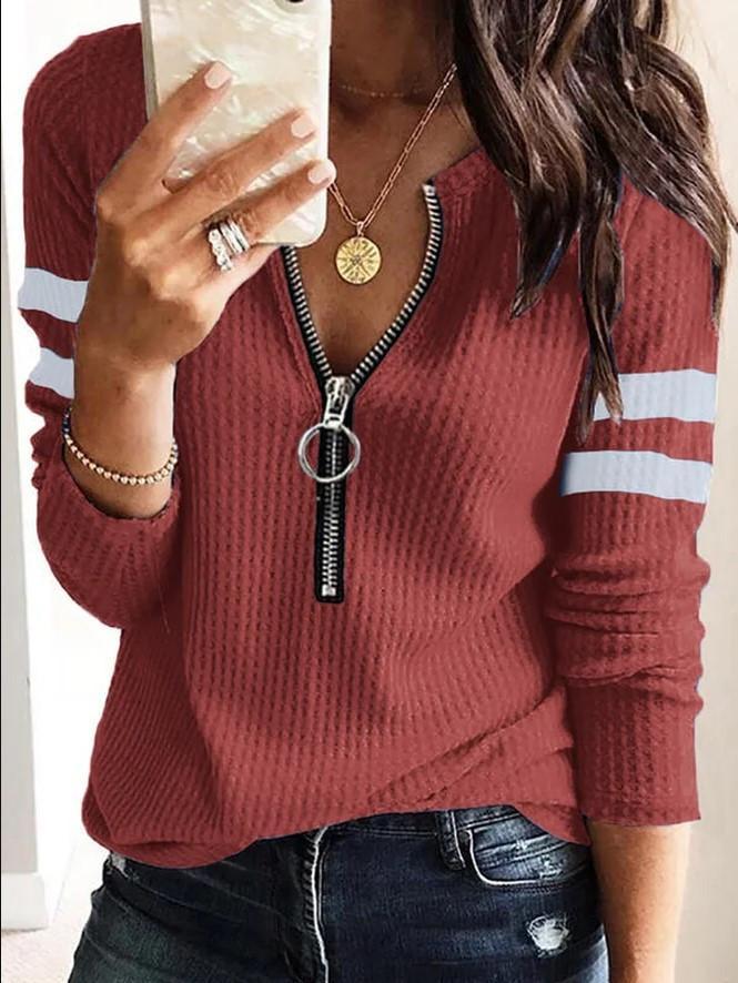 Women Long Sleeve V-neck Key-hole Top
