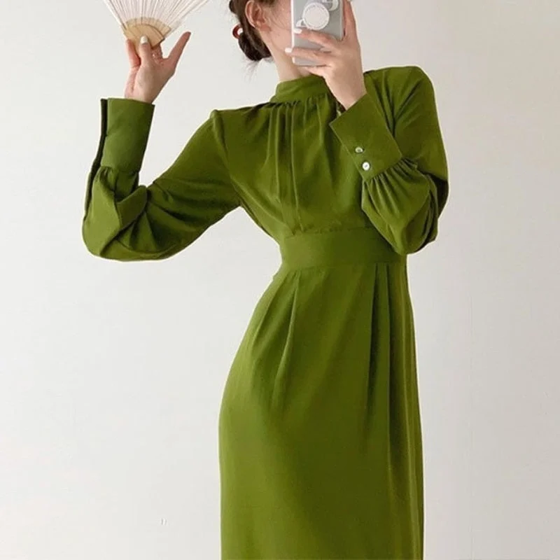 Uforever21 2023 Green France Vintage Dress Women Winter Elegant Evening Party Midi Dresses Retro One Piece Dress Y2k Korea Female Clothing