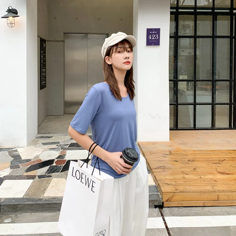 Hirsionsan Modal T Shirt Women Summer Candy Color O Neck Basic Tshirts 9 Colors Tees for Ladies Ins Comfortable Female Tops