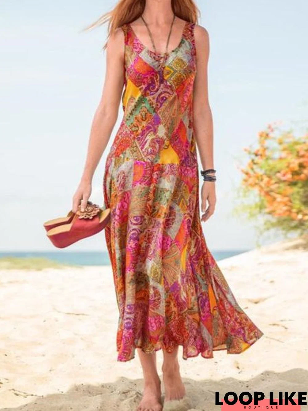 Sleeveless Printed Holiday Weaving Dress