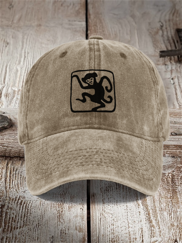 Funny Monkey Zodiac Lino Art Washed Cap  artssus