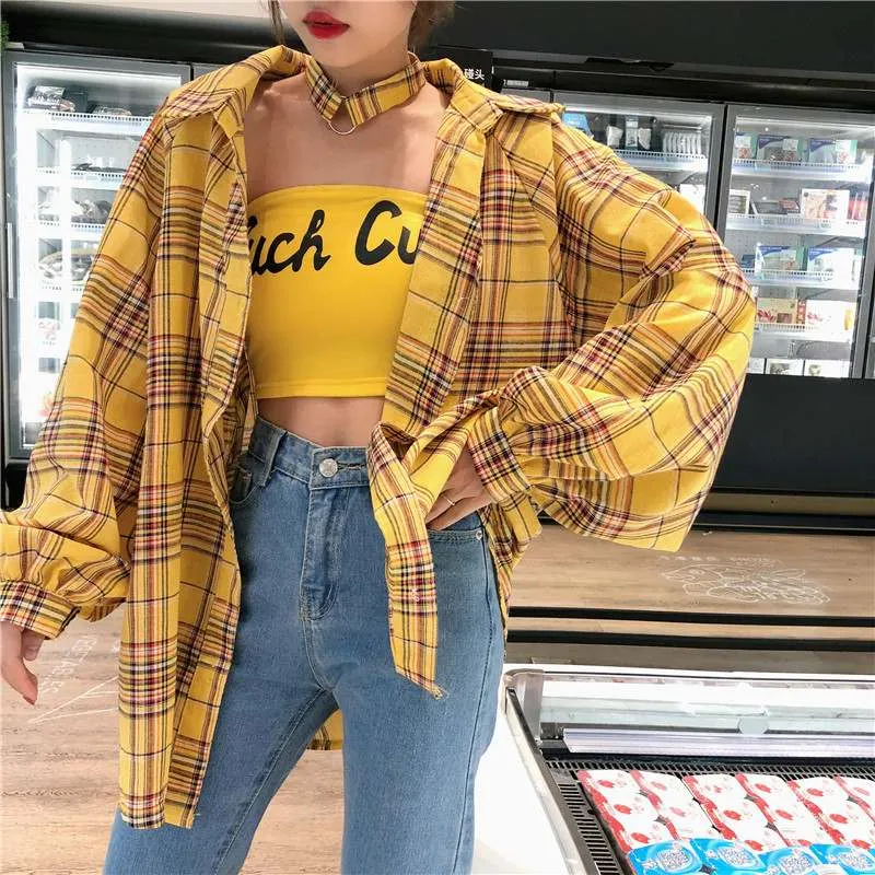 Blouses Women Classic Plaid Simple Loose Mid-long Student Korean Style BF Harajuku Shirt Womens Clothing Chic Fashion Streetwear