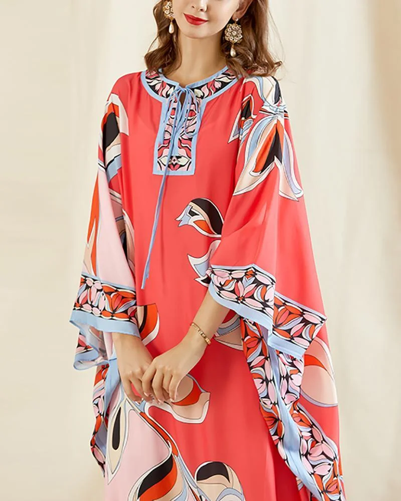 V Neck Batwing Sleeve Printed Side Split Knitting elastic Long Dress