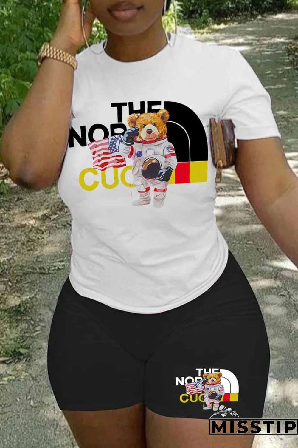 Black And White Casual Street Print Letter O Neck Plus Size Two Pieces