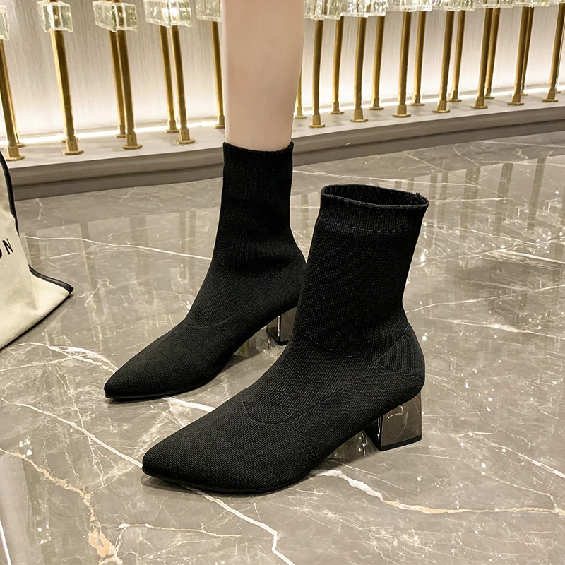 Knitted Ankle Boots Women Shoes Woman Pointed Toe Stretchy Chunky Square Med Heels Fashion Sock Short Boots