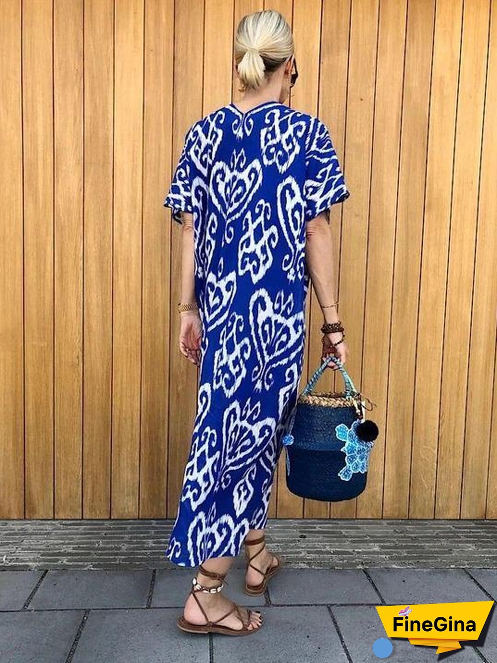 Vintage Blue Print Short Sleeve Maxi Dress
