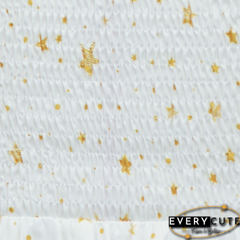 White Square Collar Pleated 1/2 Sleeve Floral Dress