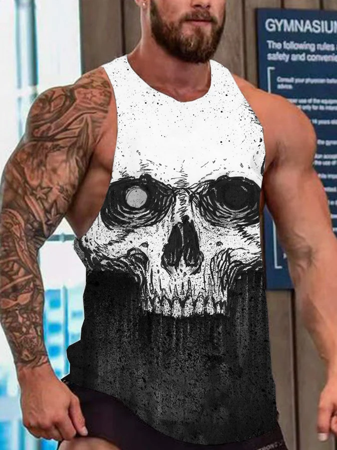 Wearshes Men's Skull Contrast Round Neck Tank Top