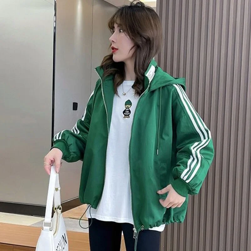 Huiketi Women's Jacket Baseball Jacket Korean Casual Sports Female Outerwear Loose Long Sleeve Hooded Overcoat