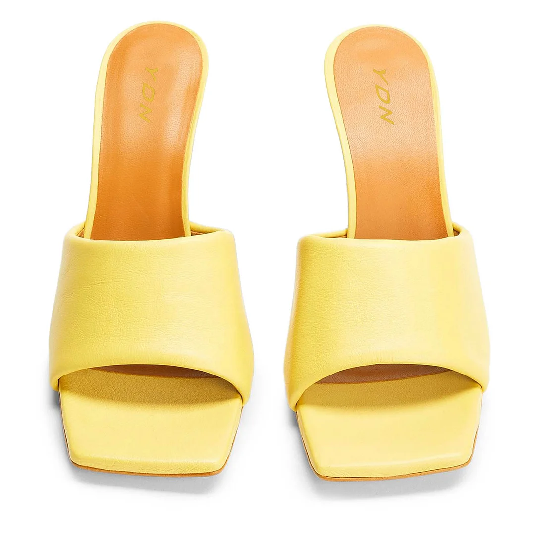 Elegant Vegan Leather Wide Band Yellow Mules with Flared Heel