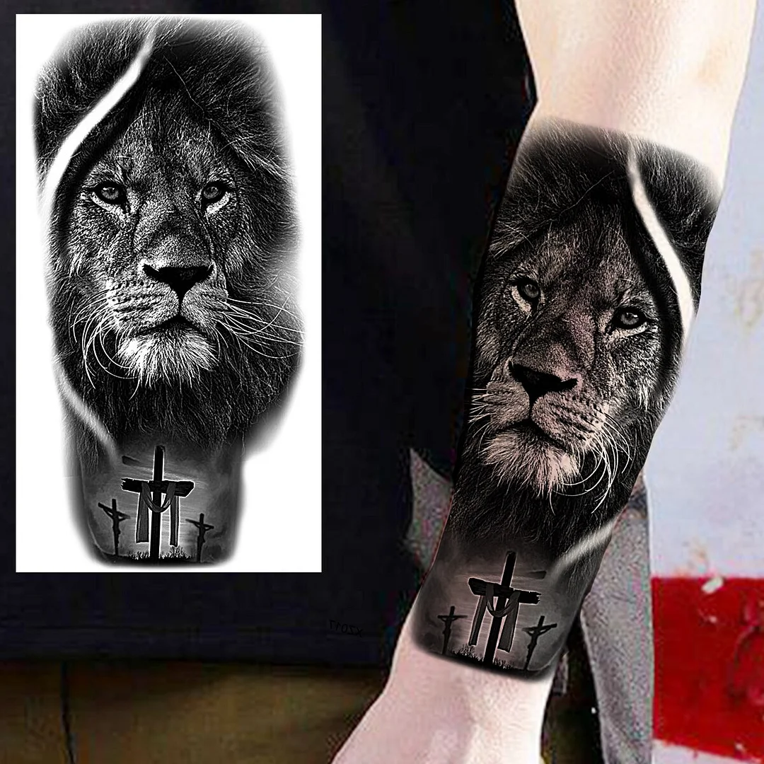 Sdrawing Praying Cross Temporary Tattoos For Men Adults Realistic Wolf Tiger Compass Skull Fake Tattoo Sticker Forearm Tatoos Arm