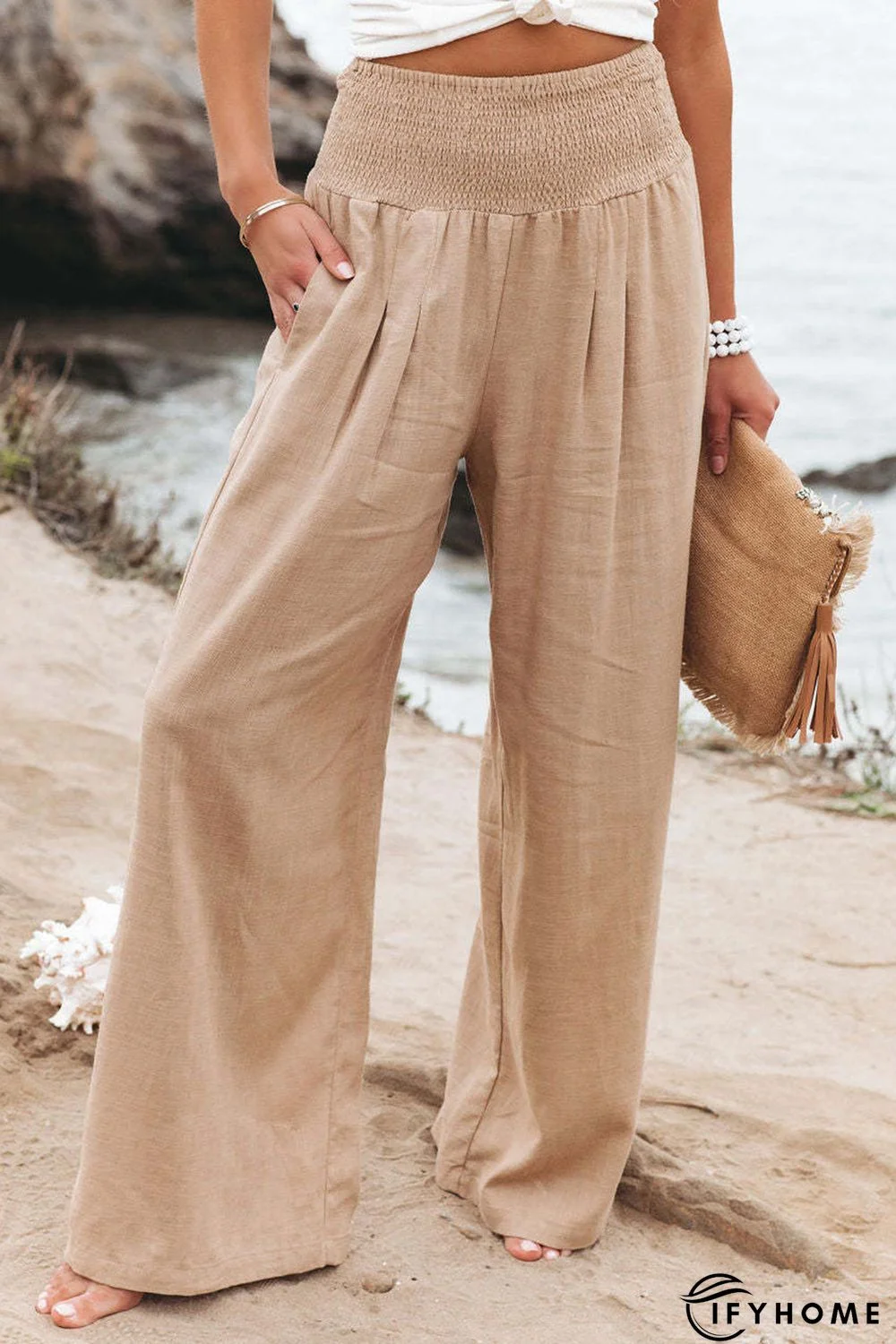 Khaki Smocked Wide Waistband High Waist Wide Leg Pants | IFYHOME