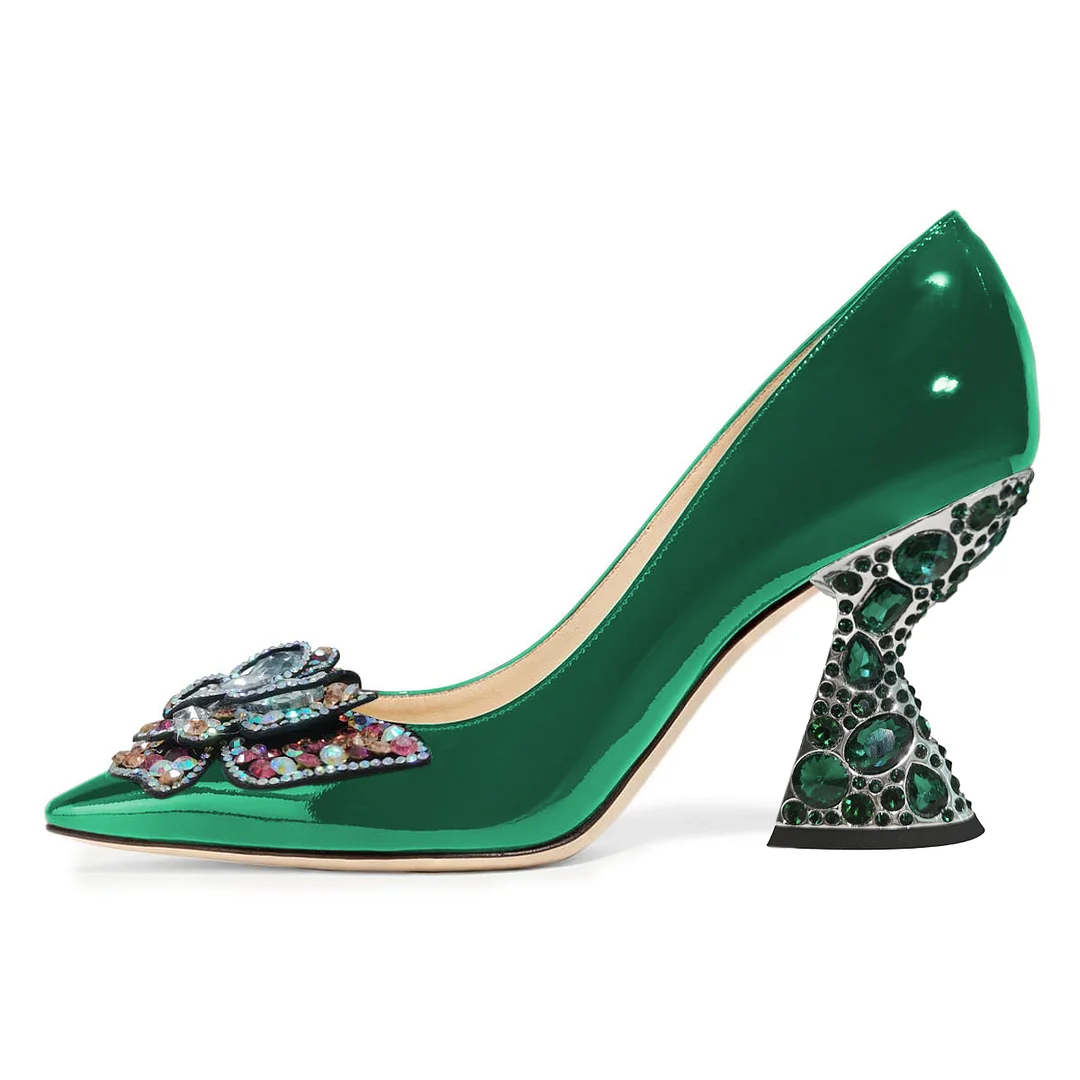 Green Patent Leather Pointed Colorful Rhinestone Butterfly Pumps 