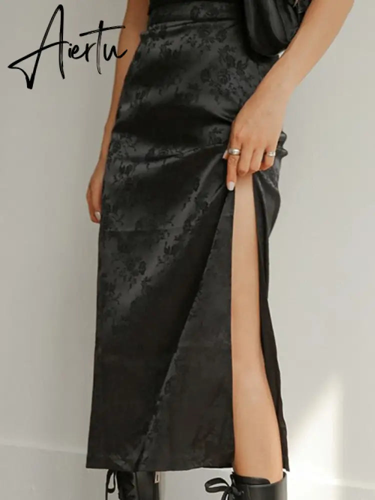 Vintage Floral Print Satin Midi Skirts Women Side Split Sexy High Waist Skirts Summer Retro Black Casual Outfits Fashion Aiertu